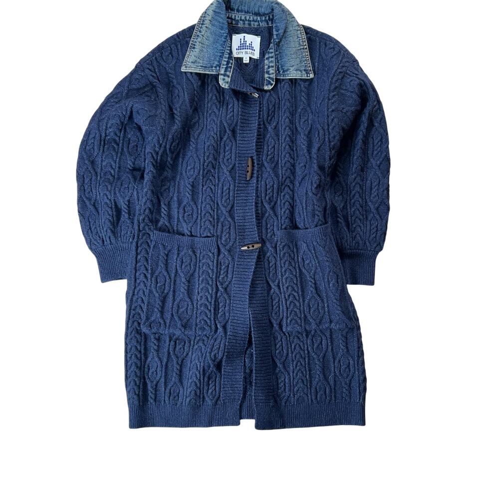 City Blues Cardigan Womens M Blue Cable-Knit Collared Open Pockets Heavyweight